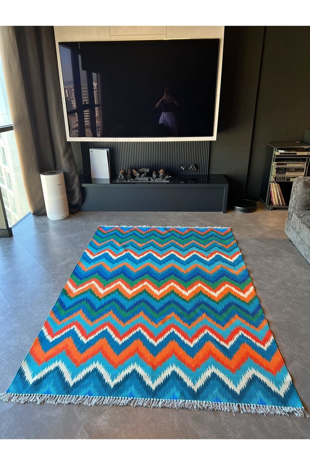 Cotton Zigzag Patterned Multicolored Rug 542