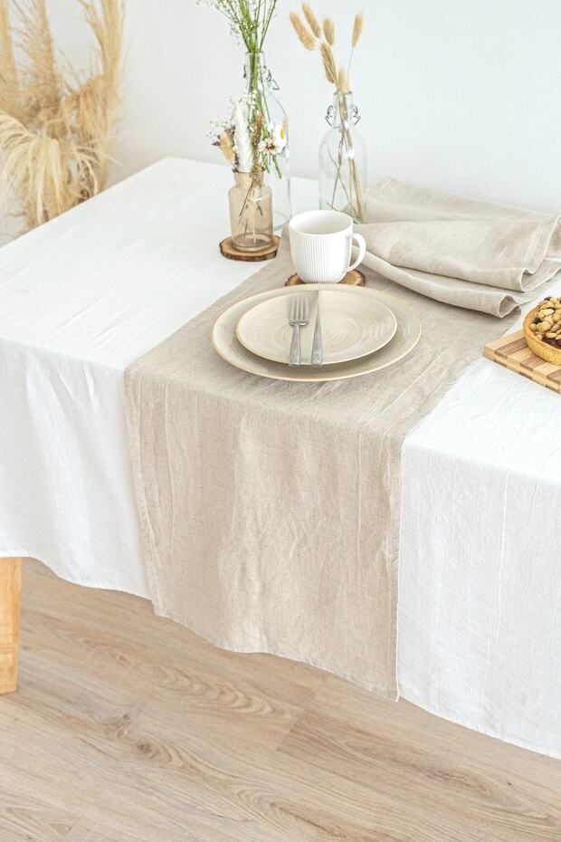 Yıkanmış Keten Bej Runner - 5