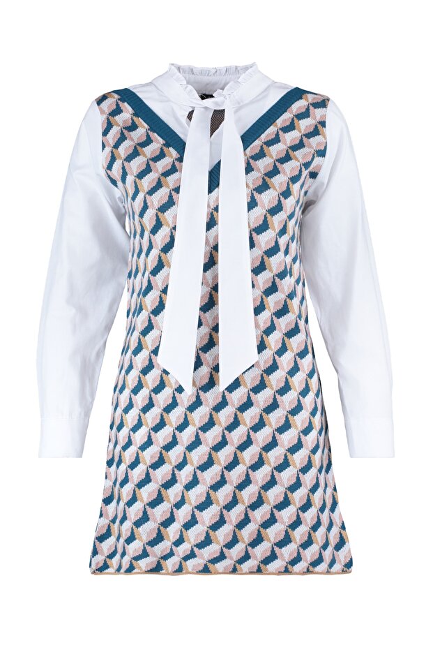 Lacivert Mini Triko Gömlek Garnili Detaylı Elbise TWOAW22SV0122 - 6