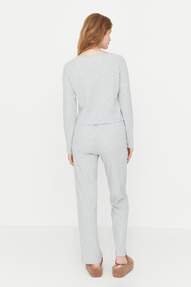 Gri Slogan Lastik Detaylı Fitilli Örme Pijama Takımı THMAW21PT0269 - 6