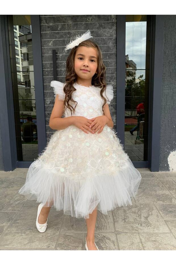 Tokalı Pullu Tüylü Elbıse - 4