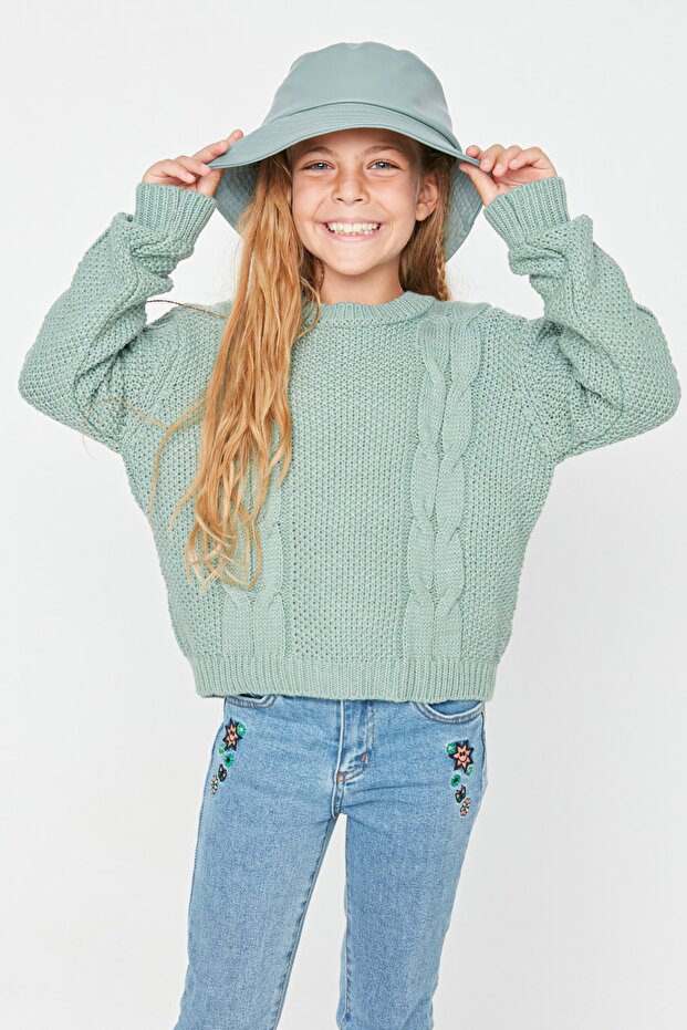 Mintfarbener, detaillierter Strickpullover für Mädchen TKDAW23KZ00016 - 1