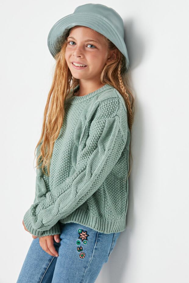 Mintfarbener, detaillierter Strickpullover für Mädchen TKDAW23KZ00016 - 2