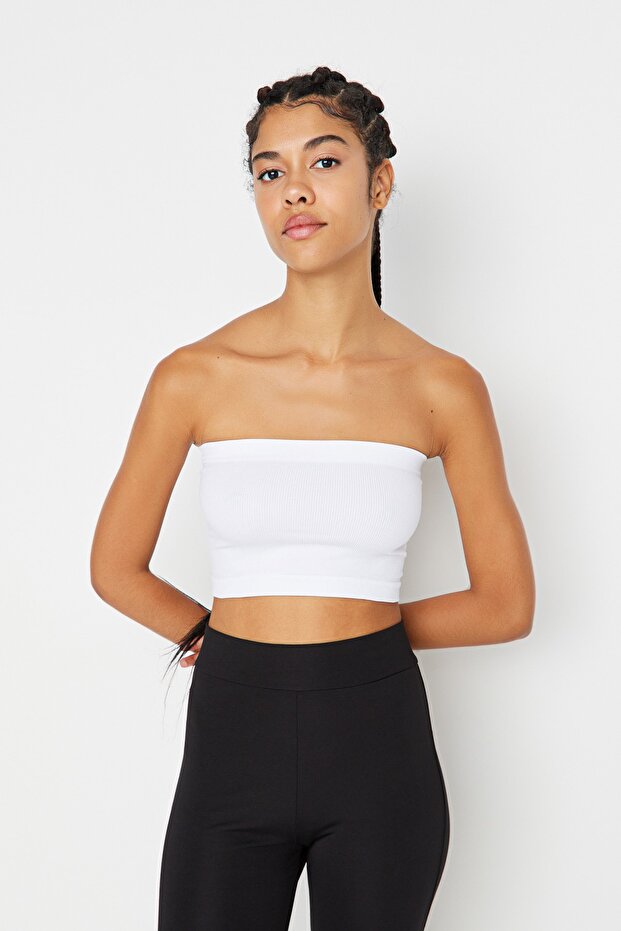 Beyaz Seamless/Dikişsiz Hafif Destekli/Şekillendirici Straplez Örme Spor Sütyeni TWOAW20BS0018 - 2