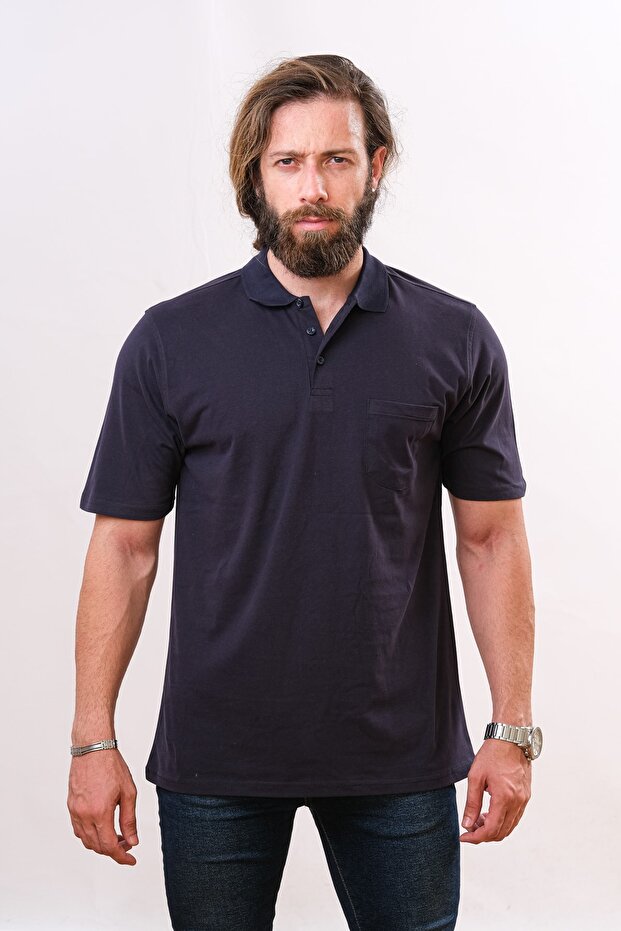 Men's Pocketed Polo Collar Navy Blue T-Shirt