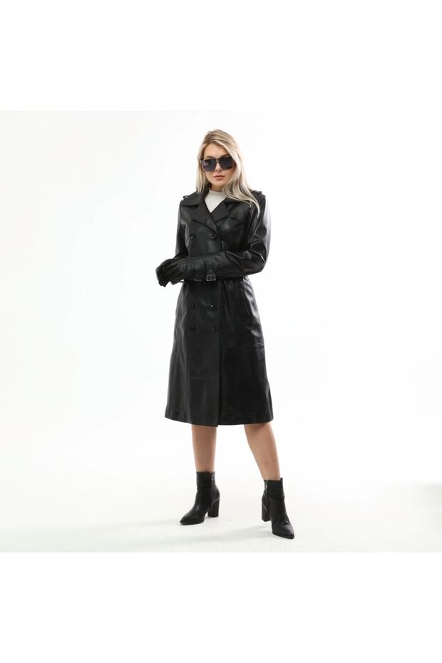 Women's Leather Trench Coat Black