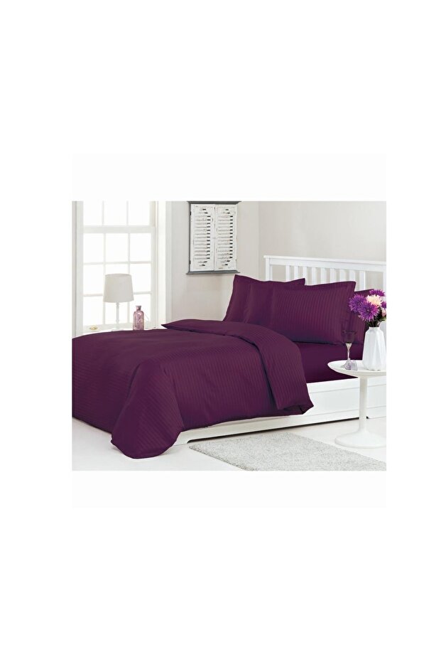 Striped Satin Double Duvet Cover Set Plum Line 160x220 Cm