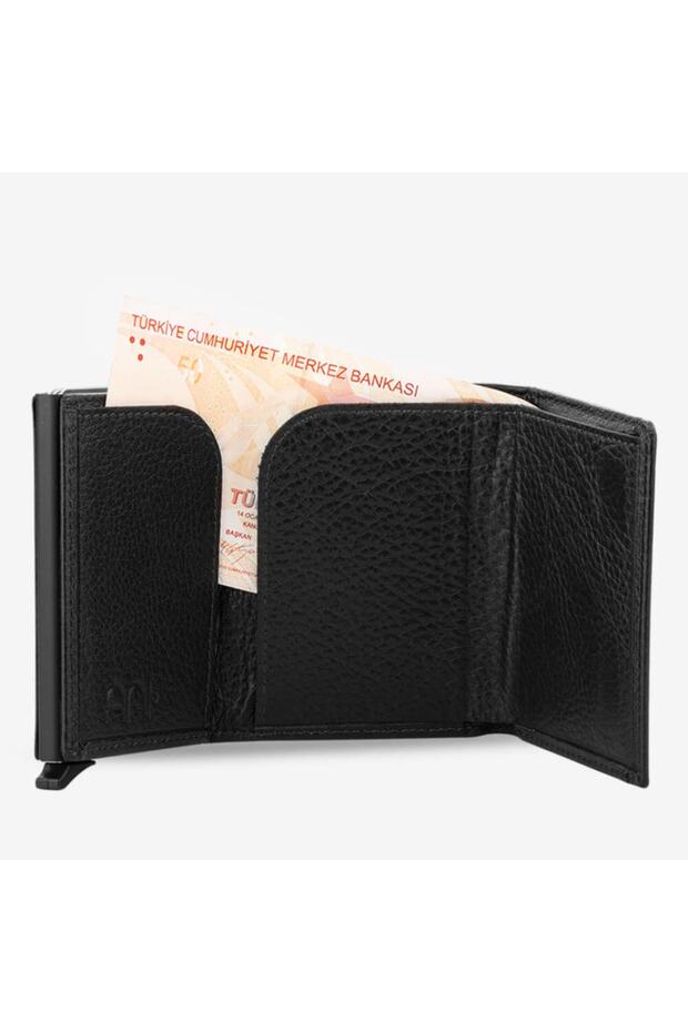 Erkek Siyah RFID Korumalı %100 Hakiki Orijinal Mekanizmalı  Deri Cüzdan Kartlık Kağıt Para Bölmeli - 3