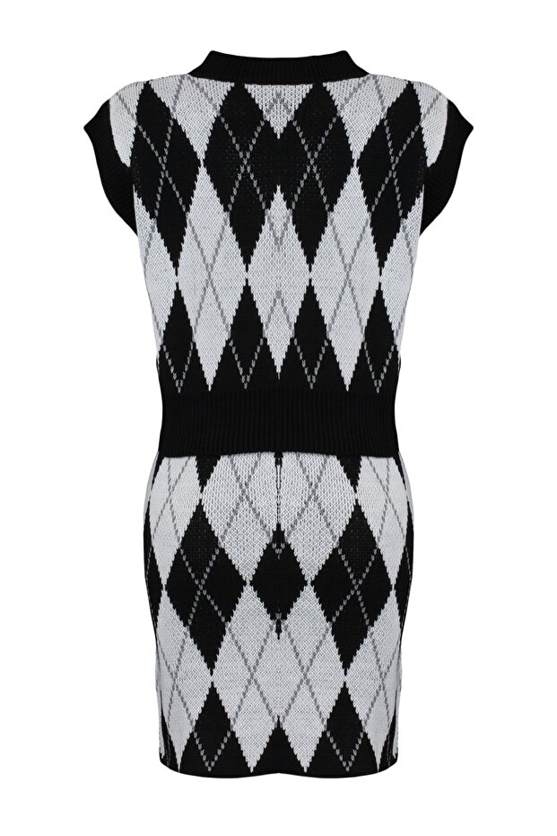 Siyah Crop Desenli/Jakarlı Triko Alt-Üst Takım TWOAW23AU00085 - 9