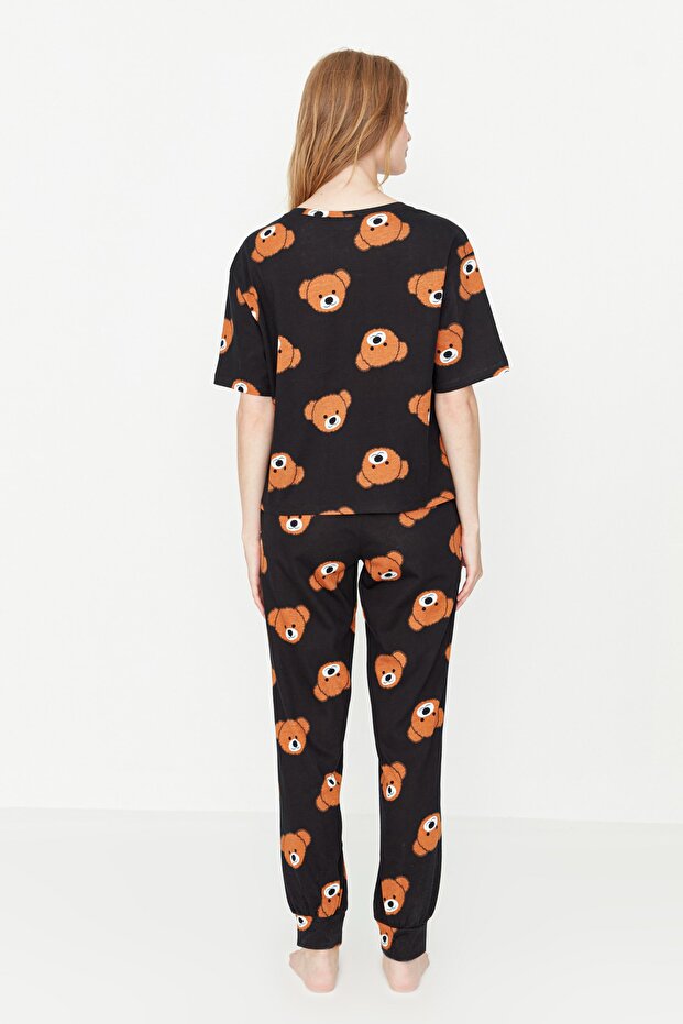 Kadın Couple/Çift Siyah %100 Pamuklu Ayıcıklı Örme Pijama Takımı THMSS21PT0195 - 6