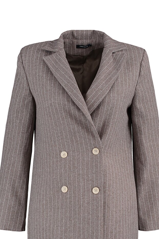 Hnědá běžná podšívka s dvojitým řadovým zapínáním, pruhovaná tkaná bunda TWOAW23CE00100 - 7