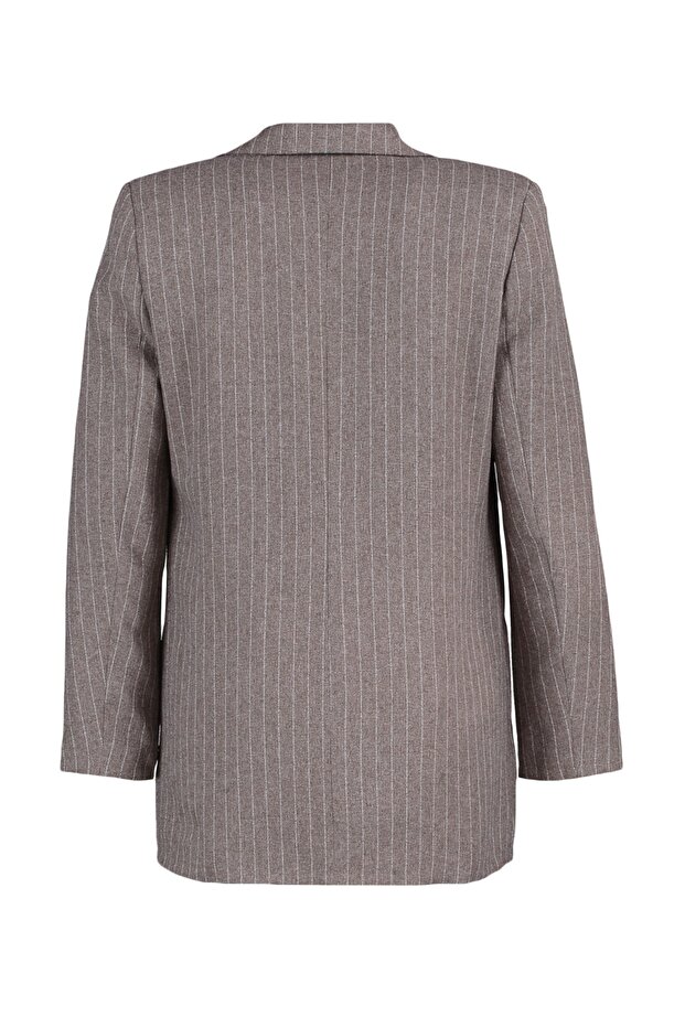 Hnědá běžná podšívka s dvojitým řadovým zapínáním, pruhovaná tkaná bunda TWOAW23CE00100 - 8