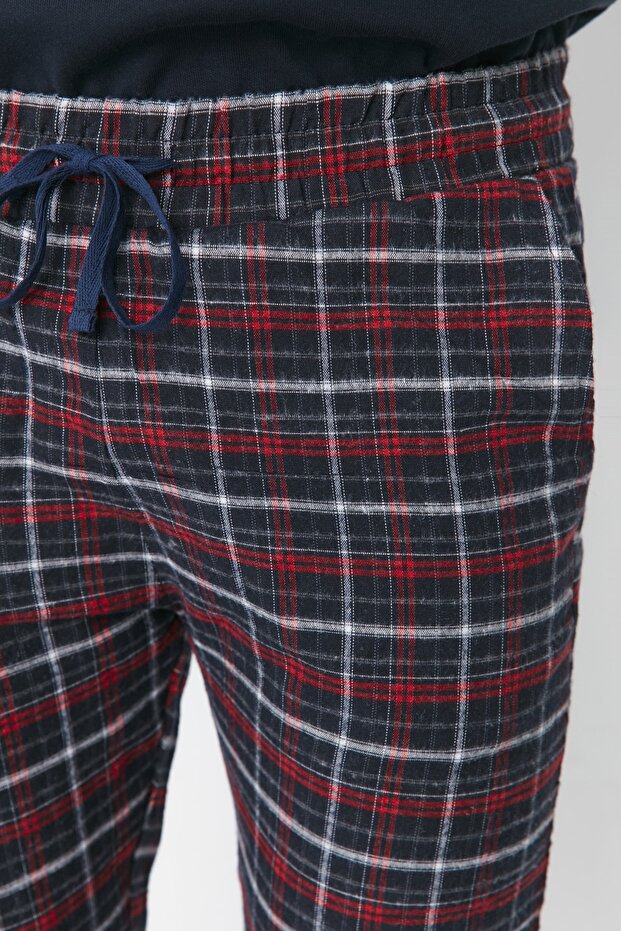Lacivert-Kırmızı Ekoseli Regular Fit Dokuma Unisex Pijama Altı Eşofman TMNAW23PJ00014 - 4