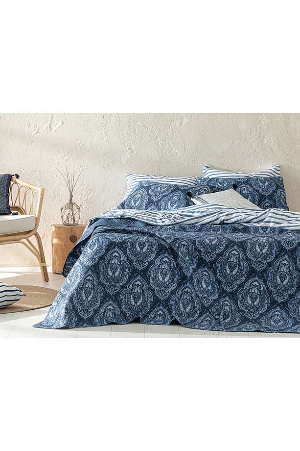Deep Damask Çok Amaçlı Tek Kişilik Yatak Örtüsü Takımı 160x220 Cm Lacivert - 1