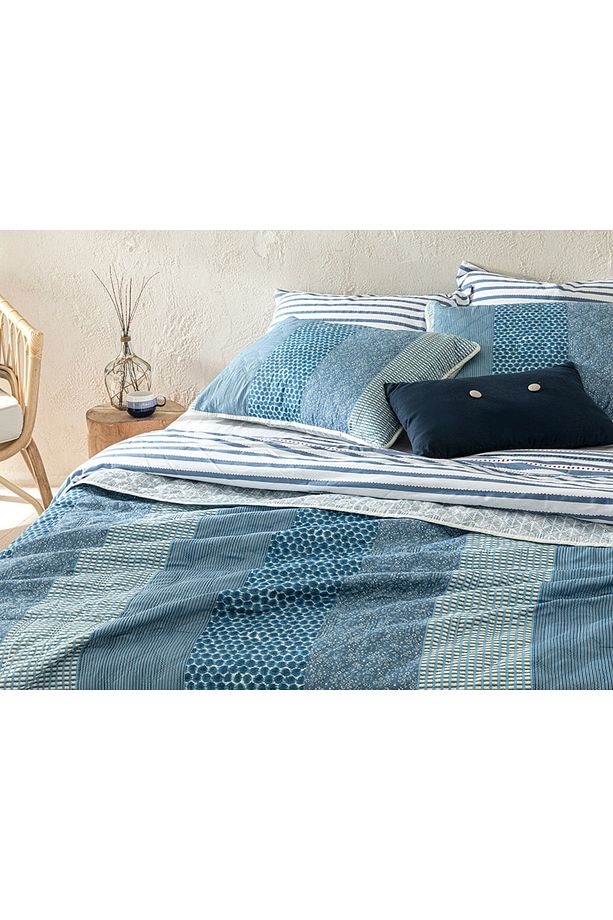 Patchy Stripe Patchwork Çok Amaçlı Tek Kişilik Yatak Örtüsü Takımı 160x220 Cm Mavi - 2