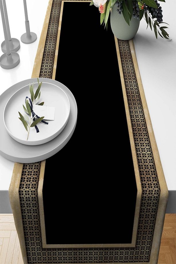 40x140cm Runner Dokuma Leke Tutmaz Premium Tay Tüyü Kumaş Masa Örtüsü Elit Çerçeveli Rnr395 - 1