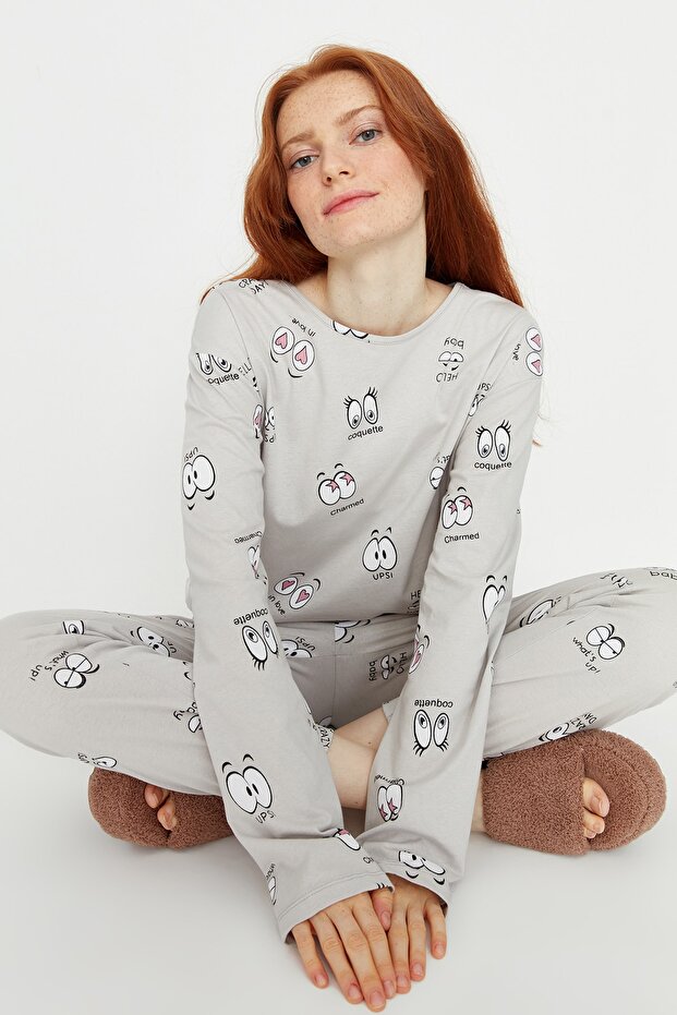 Gri %100 Pamuklu Göz Desenli T-shirt-Jogger Örme Pijama Takımı THMAW22PT0270 - 2
