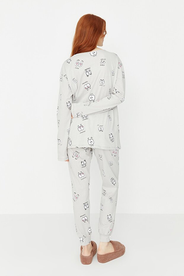 Gri %100 Pamuklu Göz Desenli T-shirt-Jogger Örme Pijama Takımı THMAW22PT0270 - 5