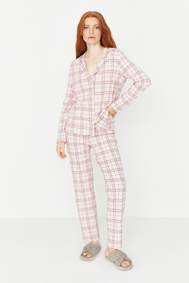 Pembe %100 Pamuklu Ekoseli Örme Pijama Takımı THMAW20PT0266 - 3