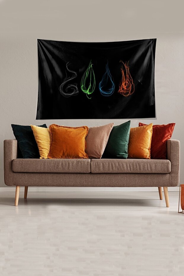 Siyah 4 Ana Element Desenli Leke Tutmaz Kadife Kumaş Duvar Örtüsü Duvar Halısı Tapestry - 3