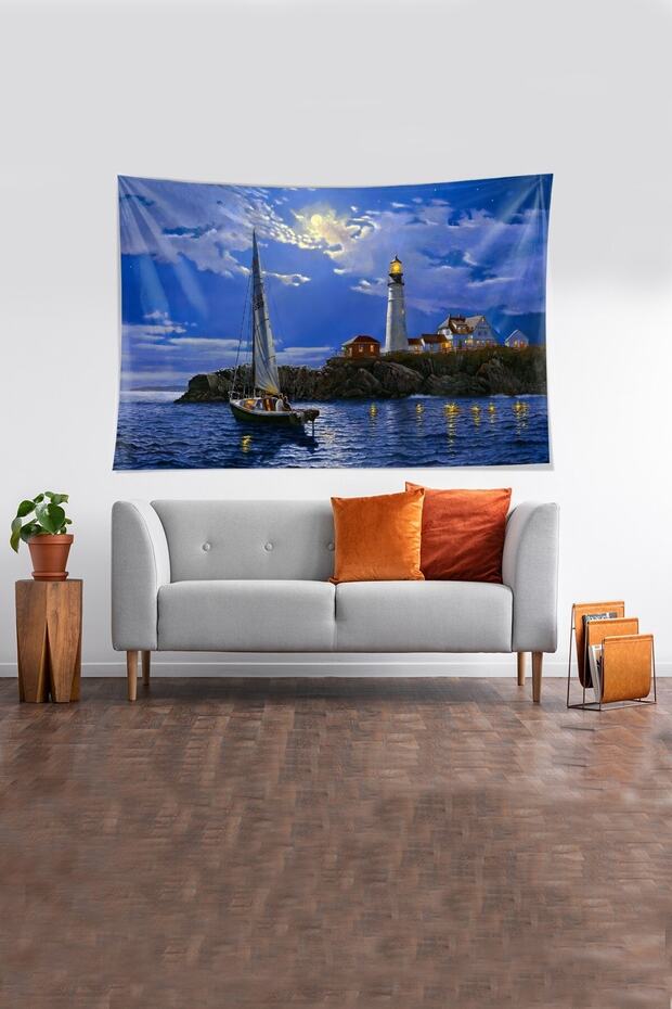 Mavi Deniz Fenerine Bakan Çift Desenli Leke Tutmaz Kadife Kumaş Duvar Örtüsü Duvar Halısı Tapestry - 2
