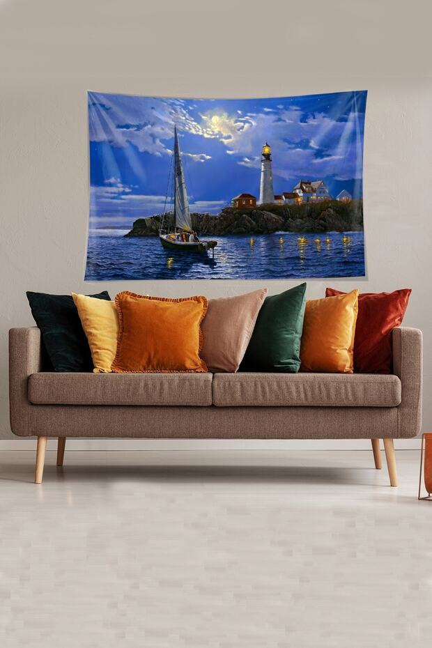 Mavi Deniz Fenerine Bakan Çift Desenli Leke Tutmaz Kadife Kumaş Duvar Örtüsü Duvar Halısı Tapestry - 3