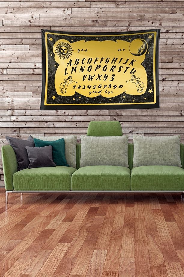 Sarı Ruh Çağırma Tahtası Ouija Desenli Leke Tutmaz Kadife Kumaş Duvar Örtüsü Duvar Halısı Tapestry - 3