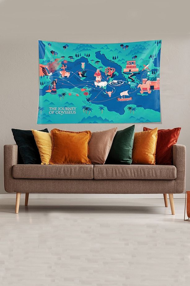 Çok Renkli Odesanın Seyahati Desenli Leke Tutmaz Kadife Kumaş Duvar Örtüsü Duvar Halısı Tapestry - 3