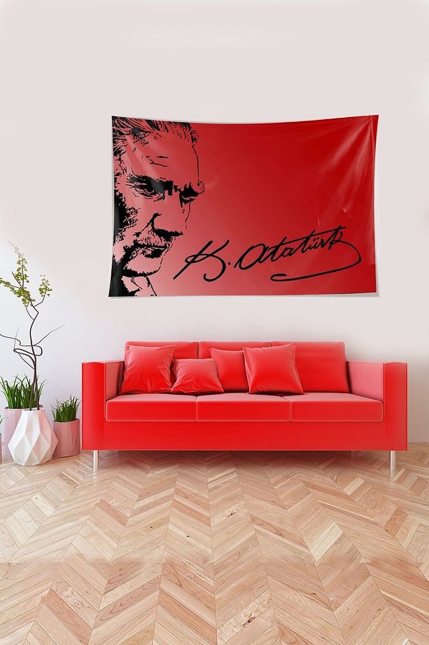 Kırmızı Mustafa Kemal Atatürk Desenli Leke Tutmaz Kadife Kumaş Duvar Örtüsü Duvar Halısı Tapestry - 3