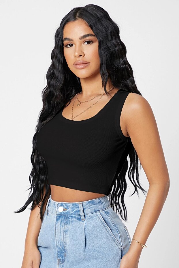 Kadın Siyah Kare Yaka Crop Top Bluz - 5