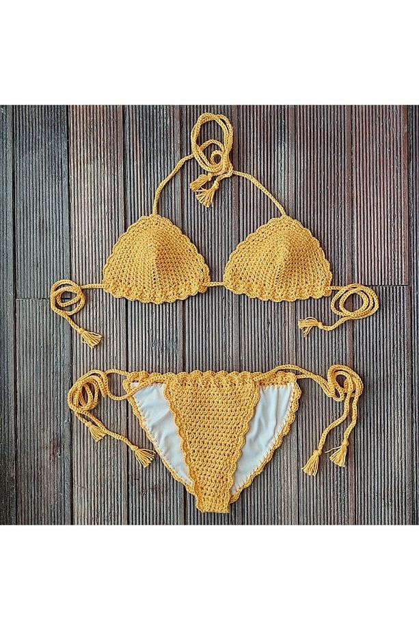 El Örgüsü Tığ Örgü Bikini Takımı Astarlı Sarı Papatya Sarısı - 3