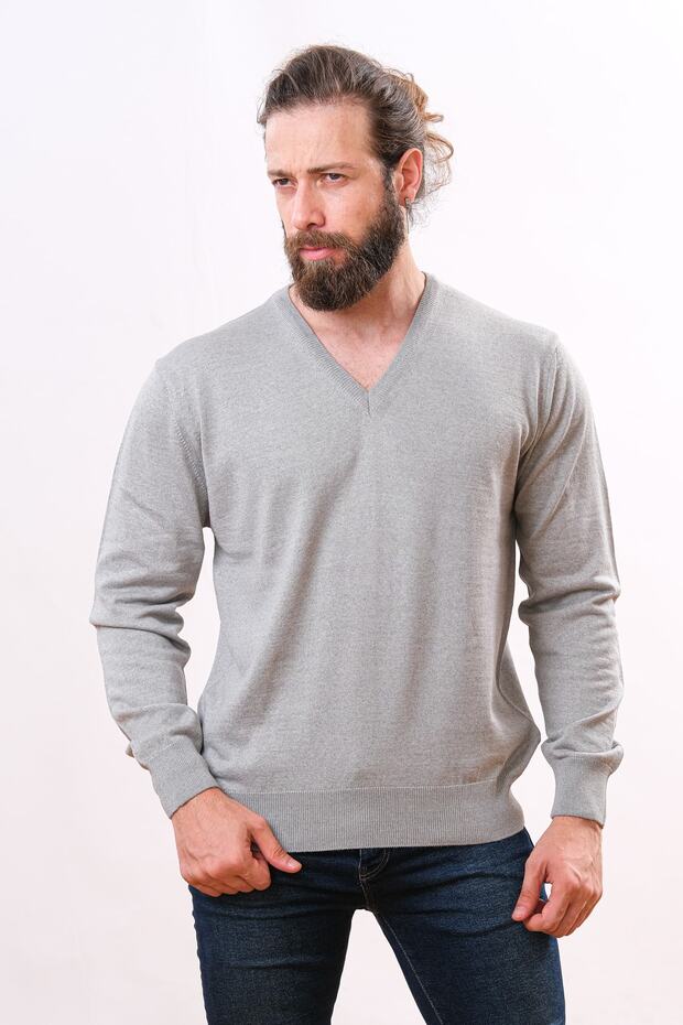 Woolen V-Neck Sweater Light Gray - 3