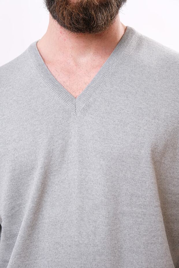 Woolen V-Neck Sweater Light Gray - 5
