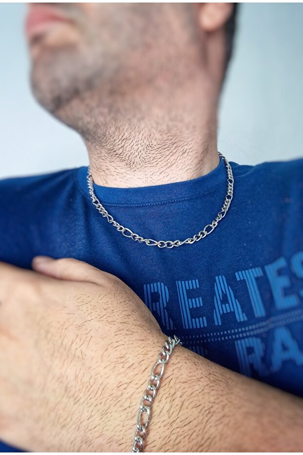 Unisex Figaro Shavin 3e1 Alloy Men's Bracelet and Necklace Chain Set Silver Color