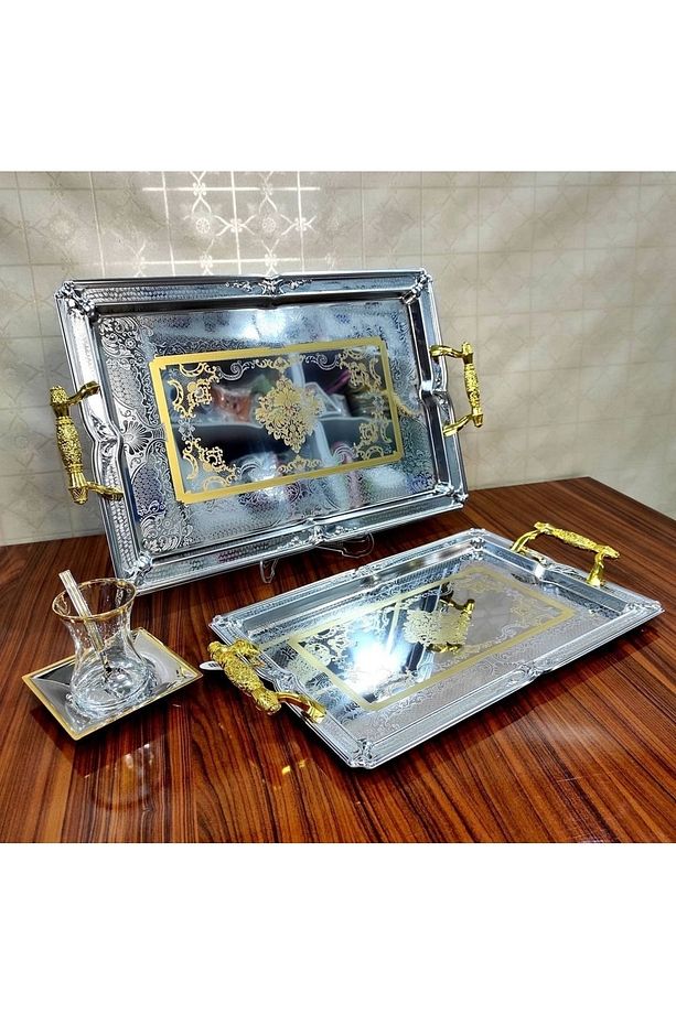 2'li Paslanmaz Çelik Servis Tepsisi Seti - 1