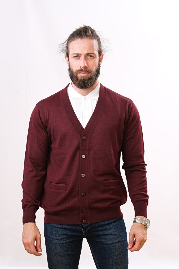 Wool Classic Men's Knitwear Cardigan - Claret Red