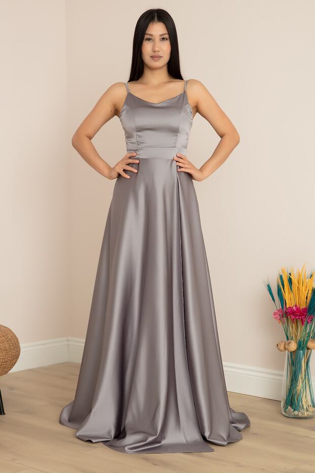 Saten Askılı Uzun Elbise 13382 - 1