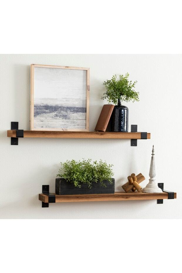 Konsol Ahşap Duvar Rafı Salon Mutfak Rafı ( 2 Li Set) - 1