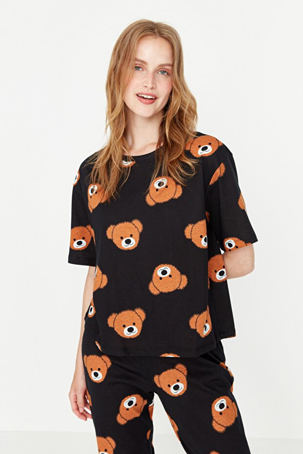 Kadın Couple/Çift Siyah %100 Pamuklu Ayıcıklı Örme Pijama Takımı THMSS21PT0195 - 3
