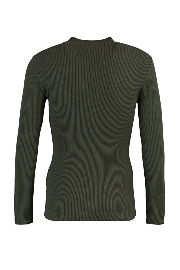 Haki Fitted Pamuklu Dar Kalıp Yarım Balıkçı Yaka Fitilli Triko Kazak TMNAW21KZ0568 - 8