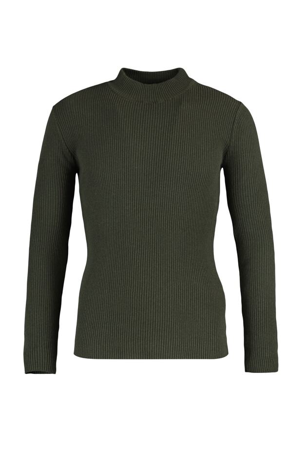 Haki Fitted Pamuklu Dar Kalıp Yarım Balıkçı Yaka Fitilli Triko Kazak TMNAW21KZ0568 - 6