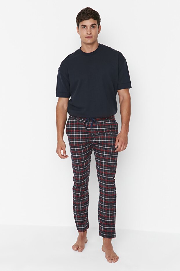 Lacivert-Kırmızı Ekoseli Regular Fit Dokuma Unisex Pijama Altı Eşofman TMNAW23PJ00014 - 3