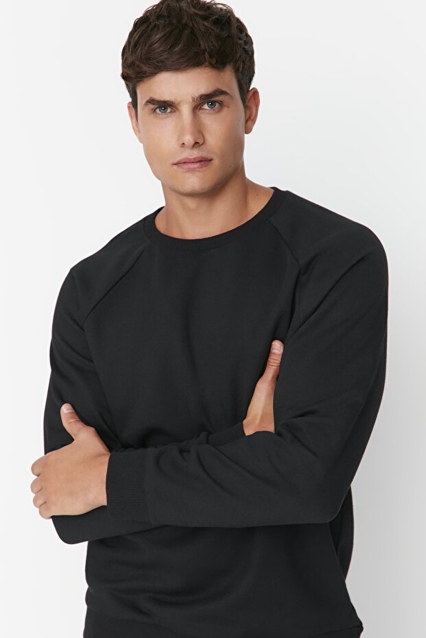 Siyah Oversize/Geniş Kesim İçi Polar/Sıcak Tutan Reglan Kol Sweatshirt TMNAW23SW00190 - 5