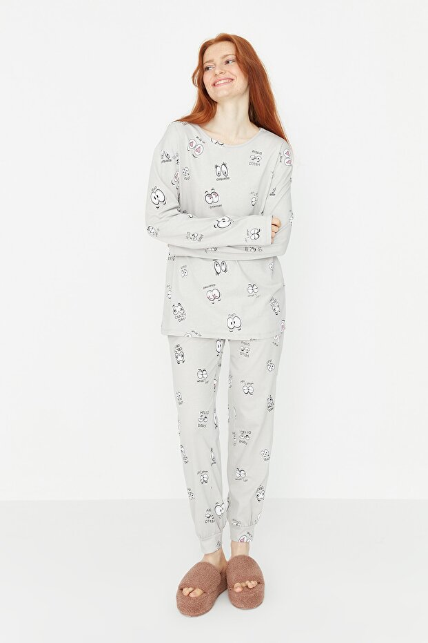 Gri %100 Pamuklu Göz Desenli T-shirt-Jogger Örme Pijama Takımı THMAW22PT0270 - 6