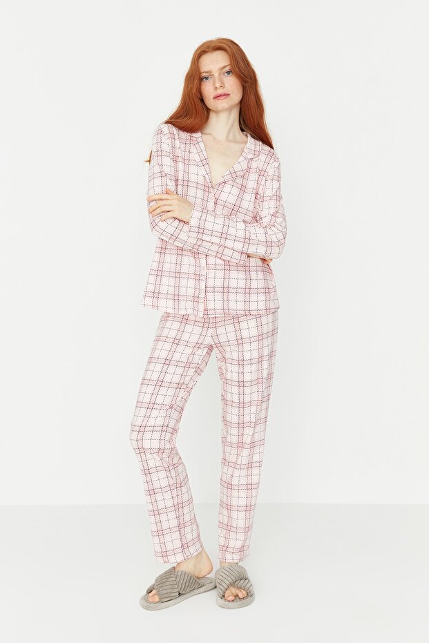 Pembe %100 Pamuklu Ekoseli Örme Pijama Takımı THMAW20PT0266 - 6