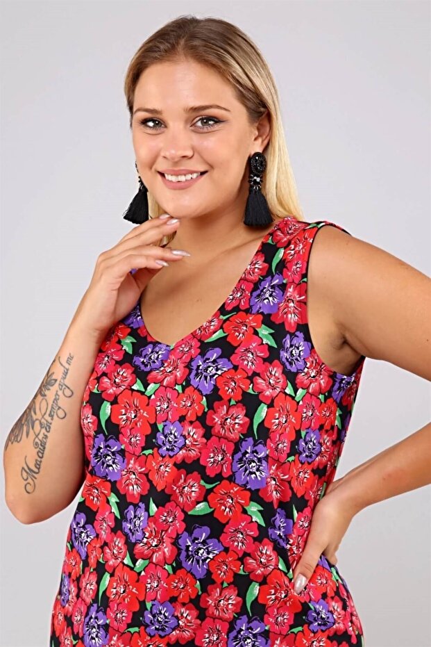 V-Neck Flower Pattern Detailed Sleeveless Plus Size Women's Lycra Comfortable Dress-red