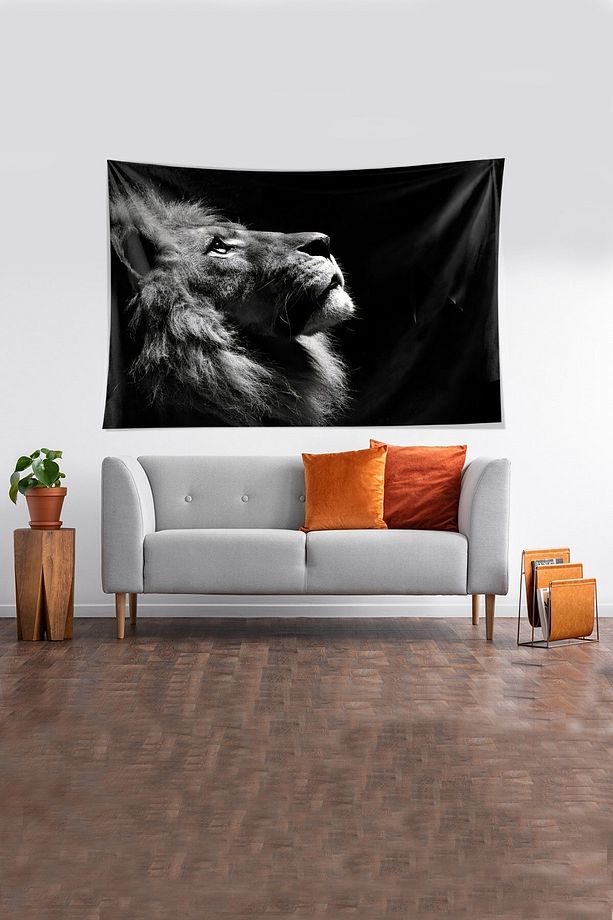 Siyah Aslan Desenli Leke Tutmaz Kadife Kumaş Duvar Örtüsü Duvar Halısı Tapestry - 1