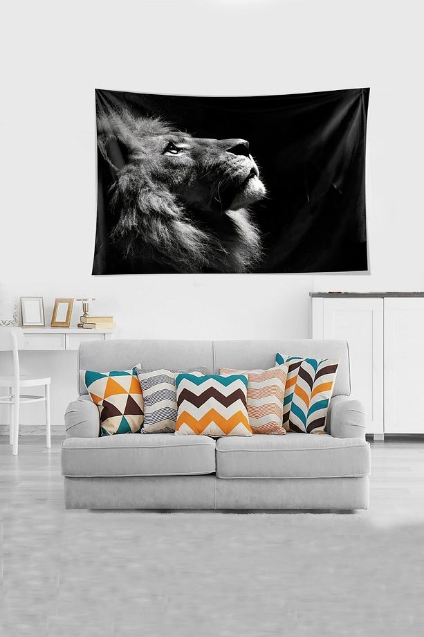 Siyah Aslan Desenli Leke Tutmaz Kadife Kumaş Duvar Örtüsü Duvar Halısı Tapestry - 2