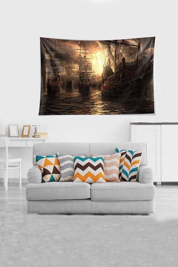 Multicolored Armada Patterned Stain Resistant Velvet Fabric Wall Cloth Wall Carpet Tapestry