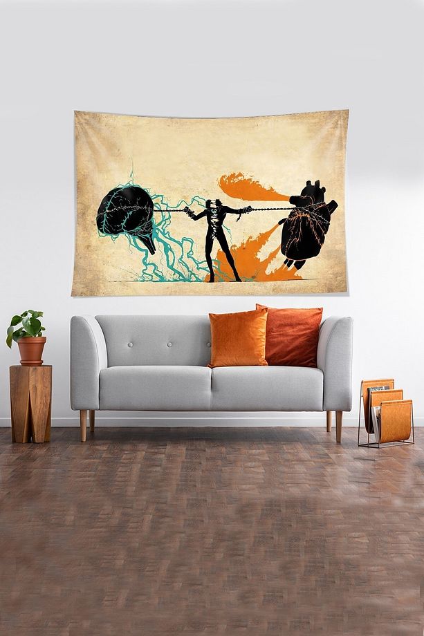 Bej Kalp Ve Beyin Paradoksu Leke Tutmaz Kadife Kumaş Duvar Örtüsü Duvar Halısı Tapestry - 2